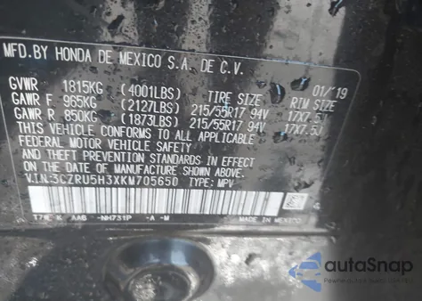 2019 Honda Hr-V Lx z USA, uszkodzony, nr VIN 3CZRU5H3XKM705650